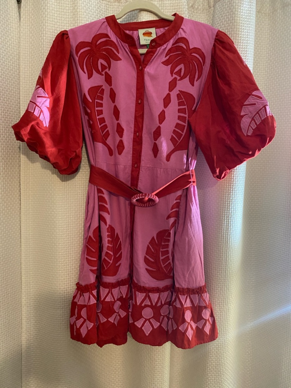 FARM Rio Red and Pink Mini Dress with Puff Sleeves